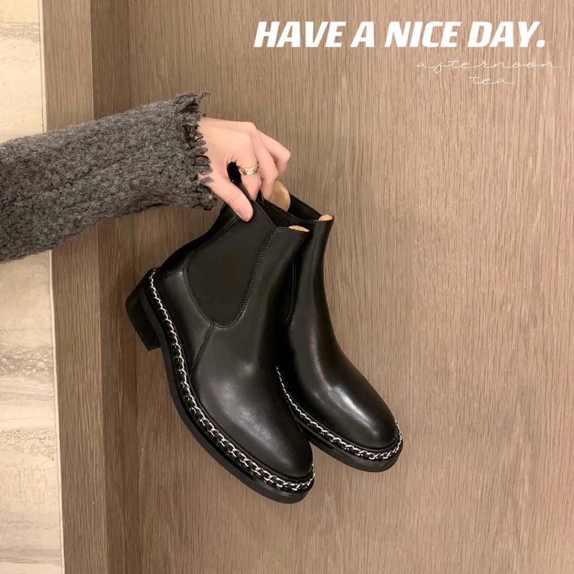 Women's Black Knee High Boots Leather Thick Heel Knight Style_voghion.com