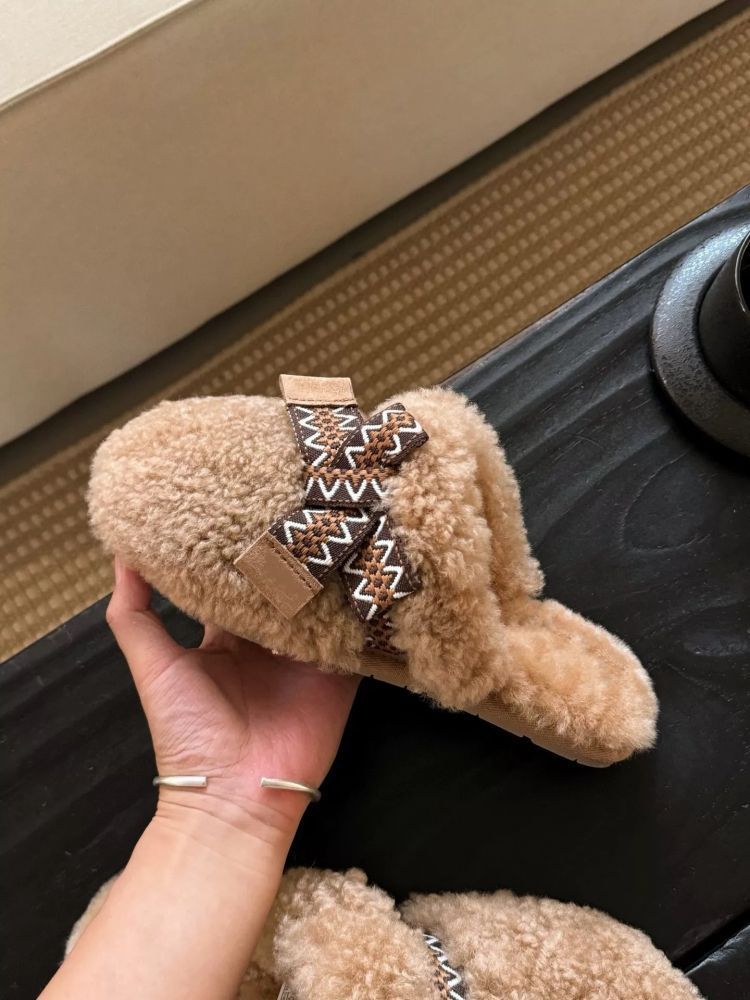 Sangpo Winter-Schaffell-Hausschuhe mit integriertem Teddy-Haarteil, lockigem Kopftuch, dicker, warmer Schleife und flauschigen Hausschuhen für Damen_voghion.com