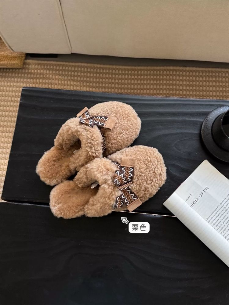 Sangpo Winter-Schaffell-Hausschuhe mit integriertem Teddy-Haarteil, lockigem Kopftuch, dicker, warmer Schleife und flauschigen Hausschuhen für Damen_voghion.com